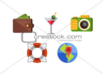 Flat icons set with long shadow effect of traveling on airplane, planning a summer vacation, tourism, journey objects and passenger luggage.