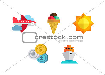 Flat icons set with long shadow effect of traveling on airplane, planning a summer vacation, tourism, journey objects and passenger luggage.