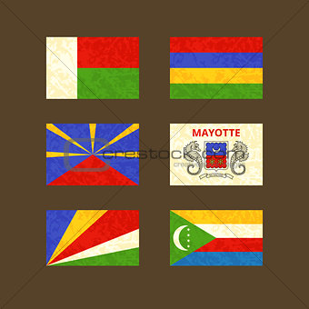 Flags of Madagascar, Reunion, Seychelles, Mauritius, Mayotte and Comoros 