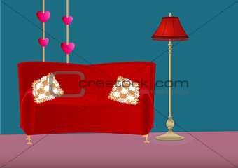 Cartoon bedroom with sofa, pillows and floor lamp