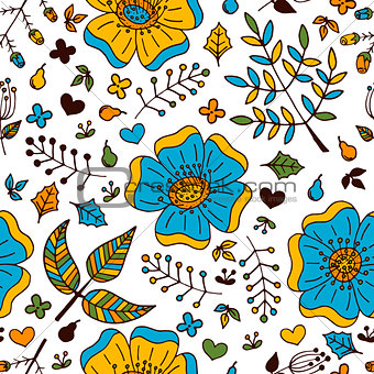 Vector floral colorful seamless pattern with hand drawn doodle elements.