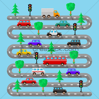 Highway with vehicles. Flat design. Vector illustration.