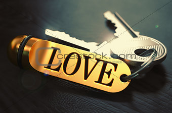 Love - Bunch of Keys with Text on Golden Keychain.