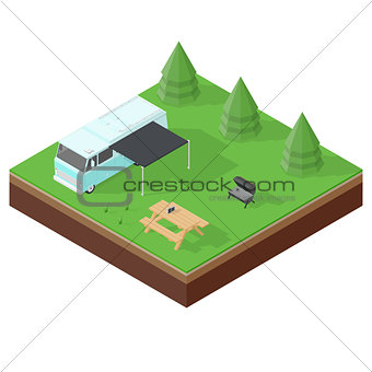 Camping RV outdoor vacation isometric icon set