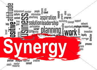 Synergy word cloud with red banner