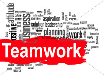 Teamwork word cloud with red banner