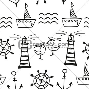 Sea seamless pattern. Hand-drawn Doodles
