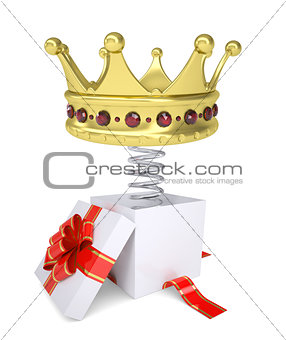 Gift box with red band and crown on spring