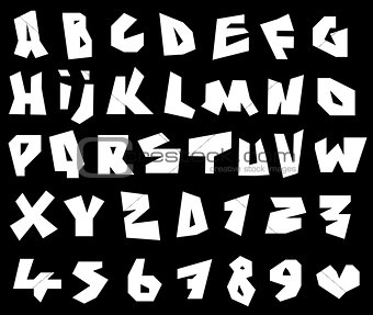 paper cut font and number alphabet in white over black