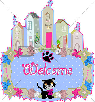 baby cat hold a welcome sign