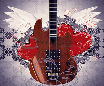 Vintage music guitar and hearts