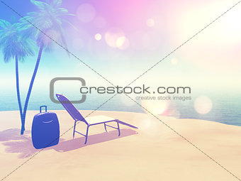 Beach scene with suitcase and sun lounger with retro effect