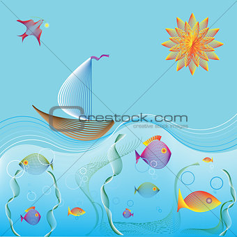 Sailing boat in ocean and underwater world