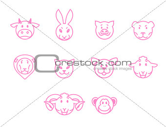 Animals vector set pink outline simple style