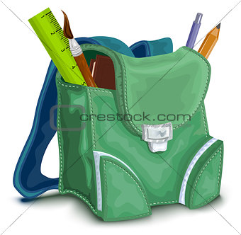 Green backpack with school supplies