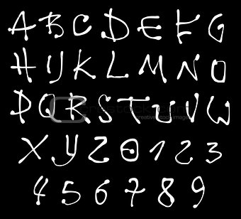 white liquid font and number alphabet over black