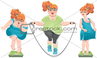 Fat woman stares at the scales. She lost weight. Thin red-haired girl standing on the scales