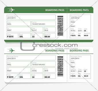 plane tickets green boarding pass and gate number