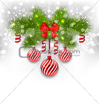 Christmas glowing background with fir branches, glass balls, rib