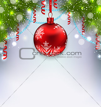 Christmas glowing background with glass ball, fir branches, stre