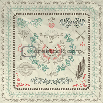 Hand Sketched Borders, Design Elements on Crumpled Paper