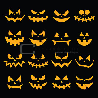 Scary Halloween orange pumpkin faces icons set on black