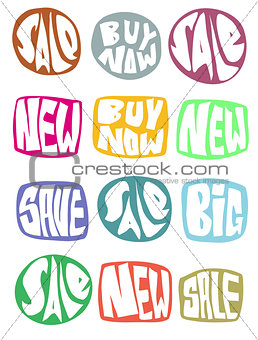 sale slogan button collection in multiple color over white