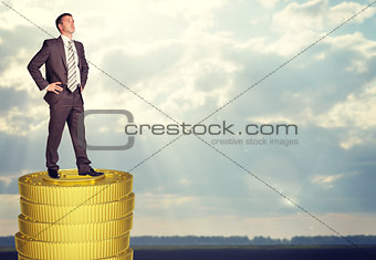 Businessman standing on coins stack