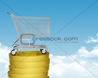 Shopping cart on coins stack