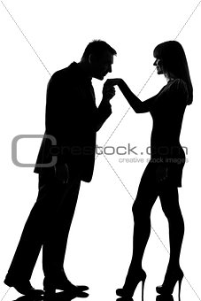 one couple man kissing hand woman   silhouette