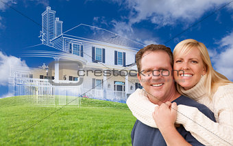 Hugging Couple with Ghosted House Drawing Behind