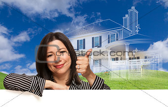 Thumbs Up Hispanic Woman with Ghosted House Drawing Behind