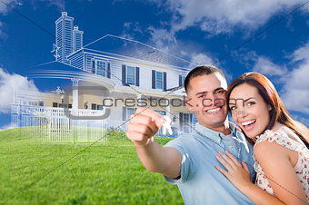 Military Couple Holding House Keys with Ghosted House Drawing Be