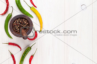 Colorful chili peppers and peppercorn
