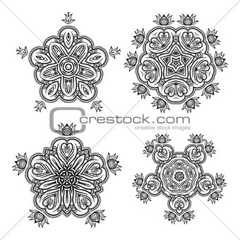 Set of vector monochrome flower mandala on a contrasting background. Snowflake
