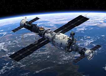 Space Station And Spacecrafts Orbiting Earth