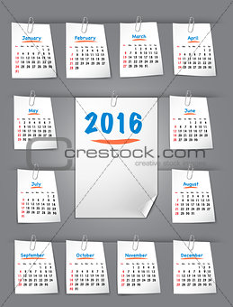 Calendar for 2016 on sticky notes attached with clip