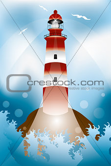 Rock with lighthouse and waves