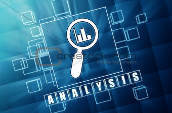 analysis and magnifier symbol in blue glass cubes