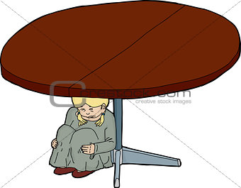Cartoon of Scared Girl Under Table