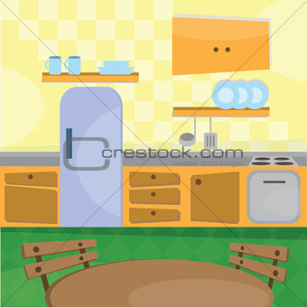 Kitchen interior and cooking utensils