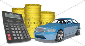 Piles of gold coins with car and calculator