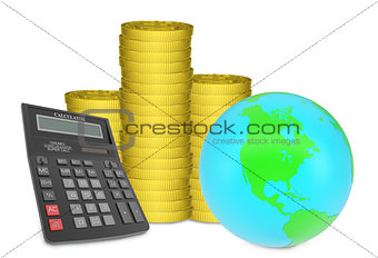 Piles of gold coins with Earth and calculator