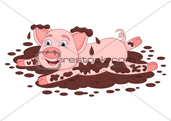 Funny piggy lies and smiling on dirt puddle
