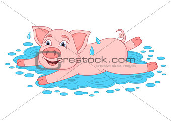 Funny piggy lies and smiling on water puddle