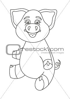 Funny piggy sitting and smiling, coloring book page