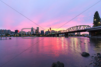 Pink Sunset over Portland Oregon Skyline