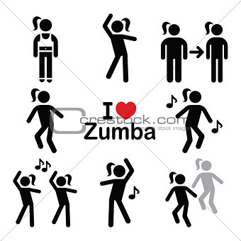 Zumba dance, workout fitness icons set