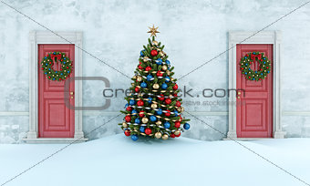 Old house with christmas tree