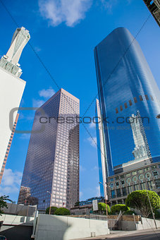 Skyscrapers against blue sky in downtown of Loa Angeles, California USA